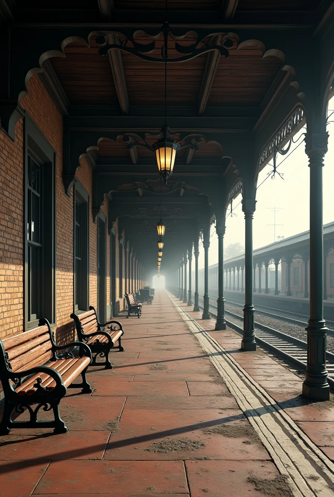 Hello, I want a picture of a train station without people, from the 1920s. that train tracks can be seen, platforms and benches. view from outside on the side where people were waiting,
 with 1920x1080 horizontal resolution 