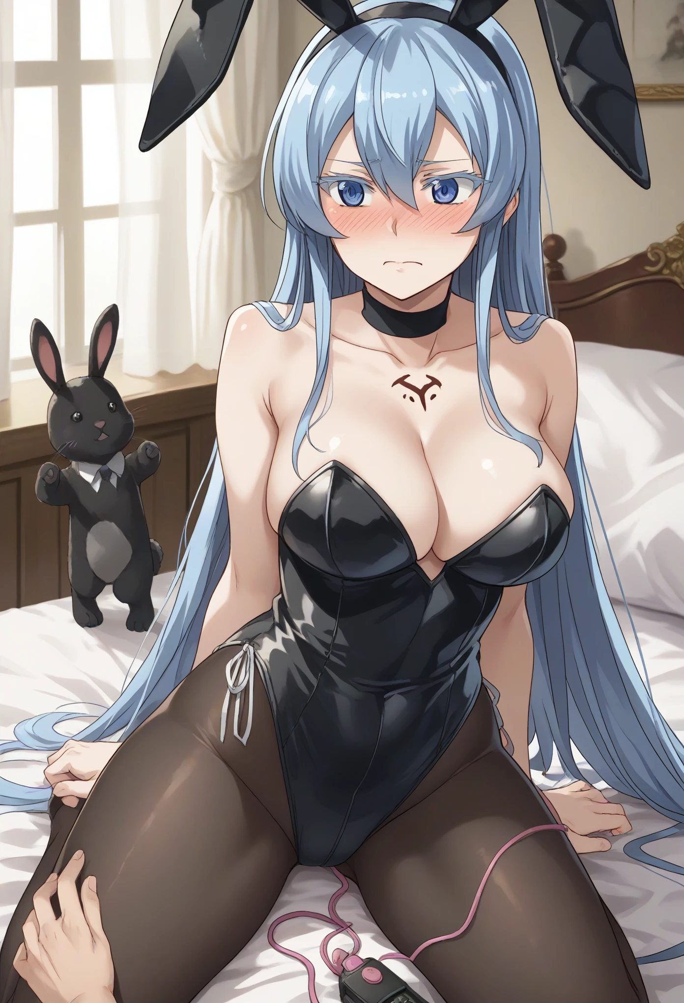 esdeath, blue eyes, blue hair, long hair, large breast, eyelashes, black bunny suit, black bunny ears, clavage, chocker, tatto, endured face, full blush, ear blush, nervous, jealous,vibrator in pants,sex toy,in the bedroom,on the bed