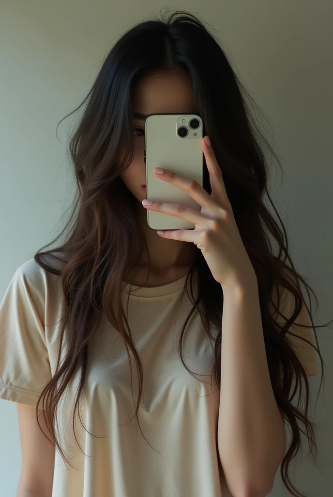 Woman taking a selfie in the mirror、Long Hair，My face is almost completely hidden by my iPhone、Beautiful woman、whole body、Asian、Wearing a t-shirt