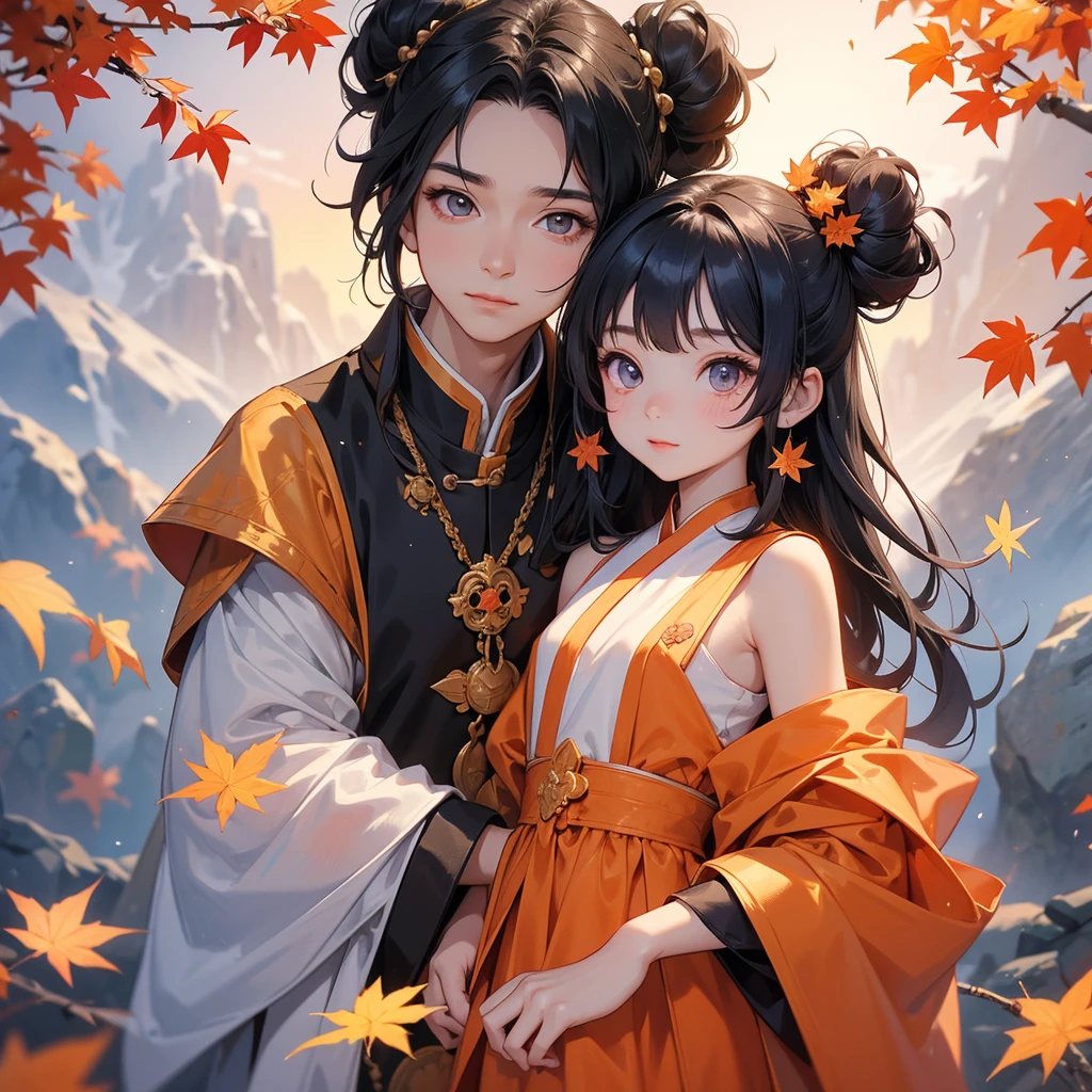 A chibi child girl had a small face and Wearing blue little Taoist priest's outfit. A pair of big round eyes shone with curiosity about him. This child was so cute! ,, her hair is black with two buns on her hair.small chibi, chibi baby, smiling.

The little chibi baby looked up with his chest raised, and his face was old and proud.

The backdrop is a mountain that turns orange-red in spring, and maple leaves fall from the trees.



