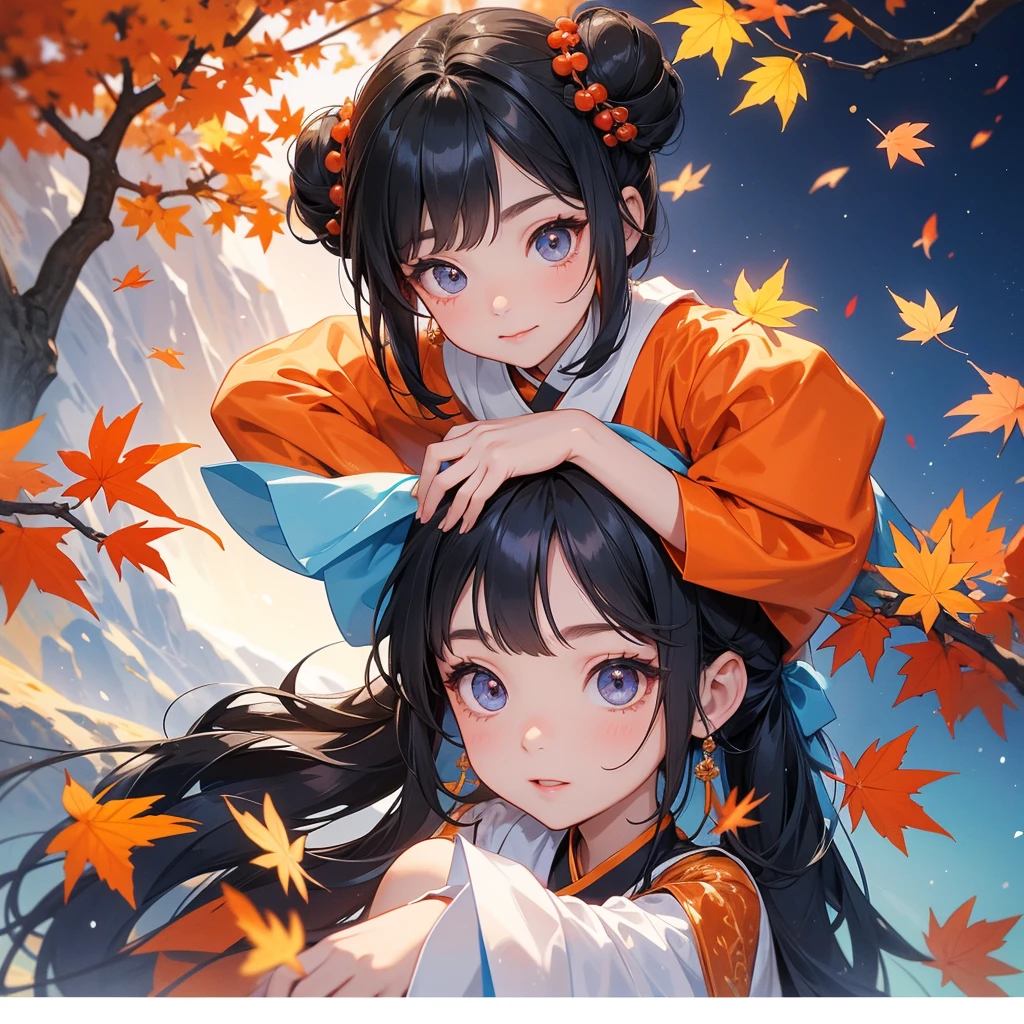 A chibi child girl had a small face and Wearing blue little Taoist priest's outfit. A pair of big round eyes shone with curiosity about him. This child was so cute! ,, her hair is black with two buns on her hair.small chibi, chibi baby, smiling.
The little chibi baby looked up with his chest raised, and his face was old and proud.
The backdrop is a mountain that turns orange-red in spring, and maple leaves fall from the trees.