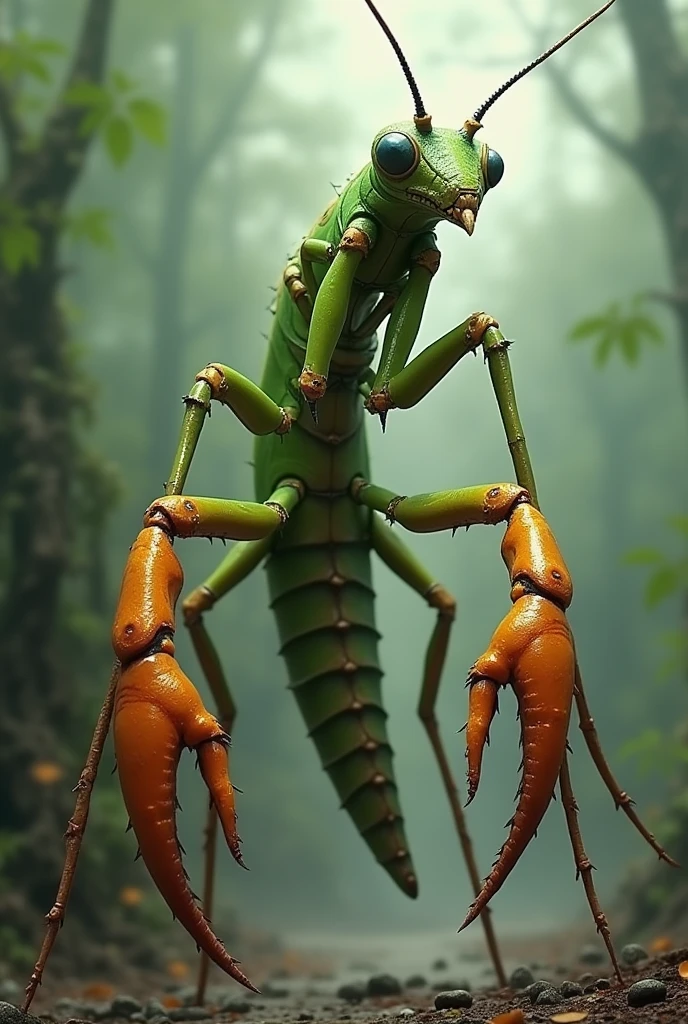Draw a long, skinny insect, His whole body is green but with long, orange legs that are also bent, and have crab claws, and his face in the shape of a praying mantis