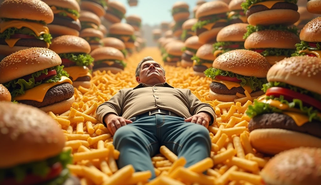 Middle-aged man lying on french fries in a world of burgers