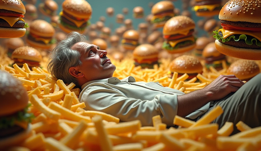 Middle-aged man lying on french fries in a world of burgers