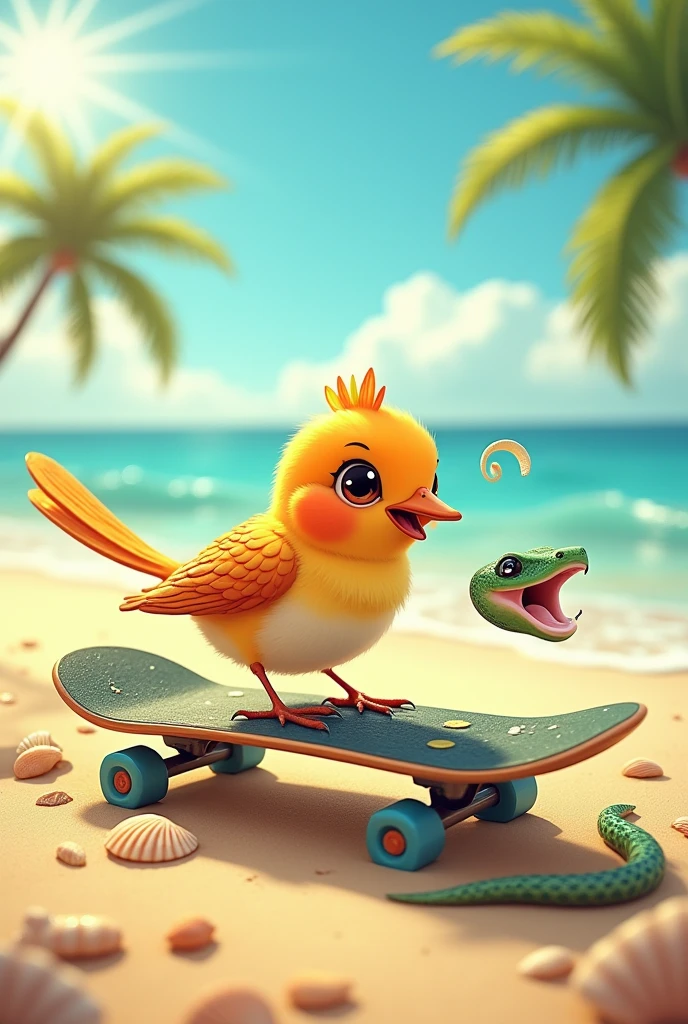 cute little bird on the beach skateboard fighting with a snake