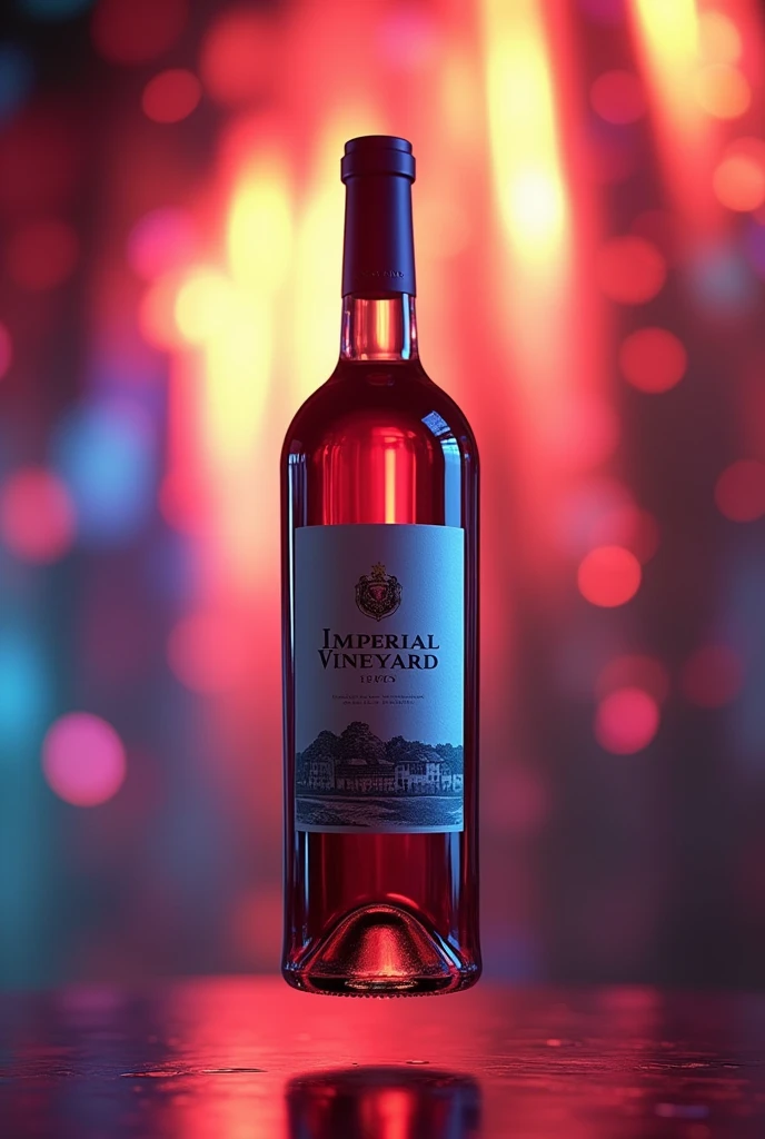 create a realistic and detailed image of a wine bottle with the written label "imperial vineyard" the bottle floating on a flashy background 