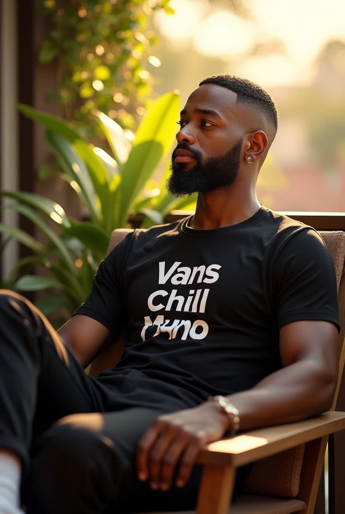 (photorealism:1.2), handsome gentlemen, brown skin, sitting on balcony, wearing black t shirt with a writing says Vans Chill Muno, vans long black pants, low fade, will Smith hair style, neat hair style, Chris Brown beard style, outdoors, soft lighting, plants in background, with view of sunlight, ccozy day, relaxed pose, realistic, intricate details, warm colors, by Greg Rutkowski, by Alphonse Mucha