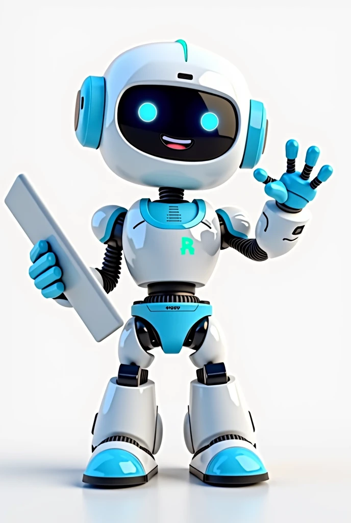 full body white and blue smiling friendly cute nerdy robot 3d character, one hand holding a keyboard, the other hand showing a welcome gesture, standing whitout background