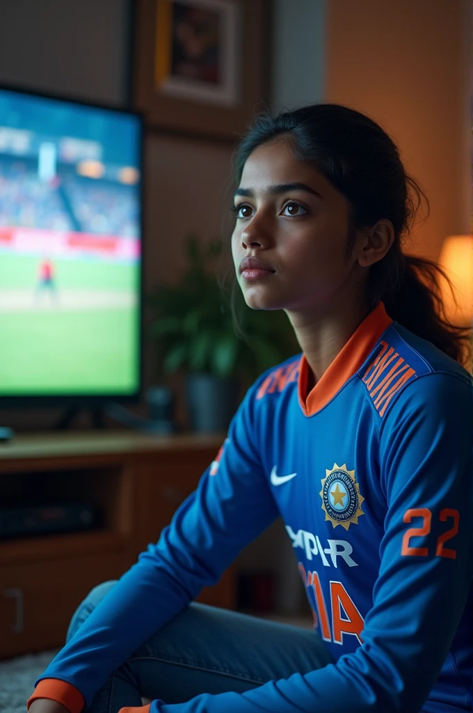 An 18 years old girl wearing an indian cricket team jersey named as Tanya 22 watching a cricket match on television facing towards the television