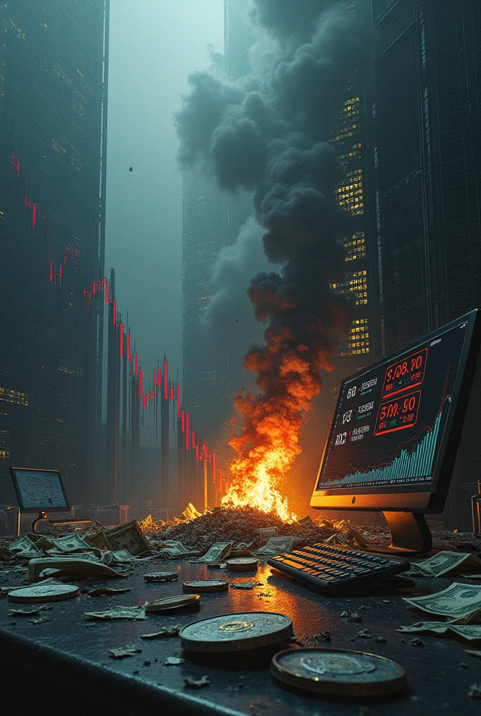 Create an image depicting a global economic crisis with stock markets crashing and inflation soaring. Show stock market graphs in sharp decline and shattered stock exchange symbols. Include elements like a crumbling coin, burning banknotes, and a computer screen displaying skyrocketing inflation rates. Use dark, cold colors to convey a sense of despair and instability, and incorporate a gloomy background to enhance the feeling of economic chaos and turmoil.