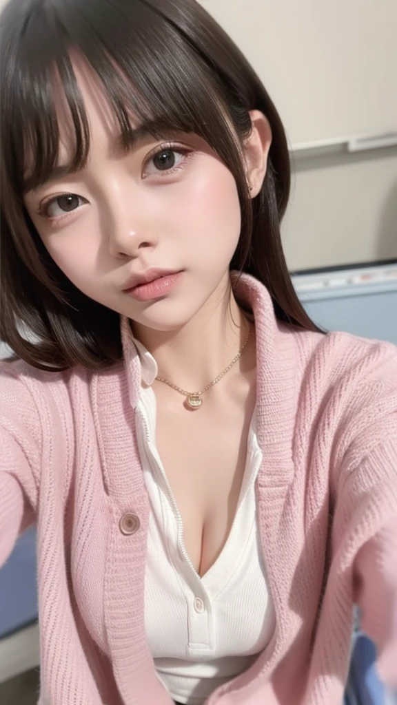 High resolution, masterpiece, accurate, Anatomically correct, Winner of numerous awards, Highest quality, Damaged, High detail, High-resolution model, Retina, Very detailed, Textured skin, Ultra high definition, Background blur, movieの光効果, Chiaroscuro, movie, movie撮影,
(Super big breasts:1.5、大きなCleavage:1.3), Sparkling under-eye bags、Red glitter eye makeup, From feet to head、(Fluorescent light pink lipstick:1.3, Japanese jirai Type Girl :1.2, jirai type makeup:1.2, jirai type fashion:1.5), Japanese underground Idols、Japanese Instant Glamour、Japanese TikTokers, age Girl、
masterpiece, Highest quality, Browsing Caution, Faceless woman,
one person's, guide, Upper Body, close, Erect nipples, (Hand Pull, I pulled it myself, Pulling on clothes, Pulling on shirt:1.2), Open cloth, profile, Embarrassing, blush, ((Sweat,vapor,Vulgar face、Ahegao:1.2),
break cute, Heart Necklace, Huge breasts, close your eyes,
break school uniform, Collared shirt, Navy Mini Skirt, Wear a cardigan,
break (Unbuttoned light brown cardigan), Sleeves are longer than the wrist, Cleavage, clavicle, White socks,
classroom,
One person, solo, Long Hair, blushする, Open your mouth, Sticking out tongue,
