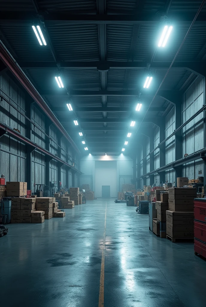 Create a realistic industrial shed, with plenty of white lighting, the lamps have a tube shape of 1,40 meters.
