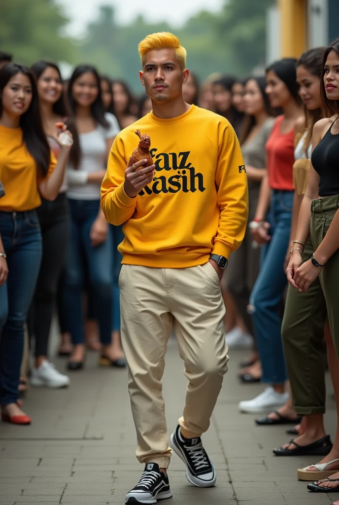 make me a hyper realistic photography HD 18K photo showing a handsome Indonesian man with yellow skin, yellow hair neatly parted on the side, a strong and muscular body, wearing a crewneck sweater that says "Faiz Kasih" in a complicated font style, cream chino pants and black and white Nike shoes. The man appeared to be standing relaxed while holding a Bangkok chicken. in the background there are many beautiful girls looking at the men around them.