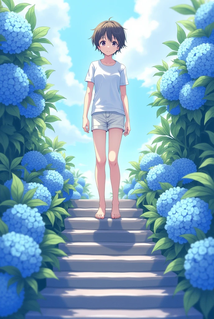 The image is a digital illustration of an anime-style character wearing a white shirt and shorts, standing on a staircase with blue flowers in the background.