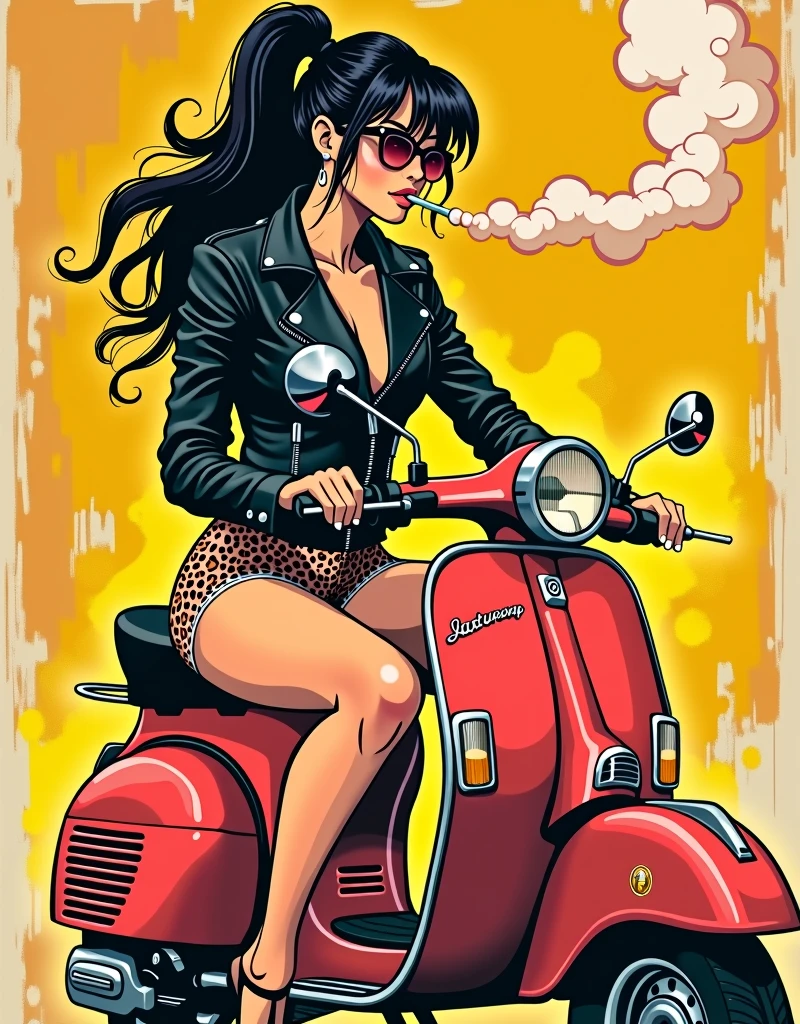 Art style of Mitch O'Connell and Chris Cooper aka Coop, Japanese girl on motor scooter, black leather jacket, leopard print panties, smoking, poster style, vintage comic book style, retro, bright colors, hard lines, medium contrast