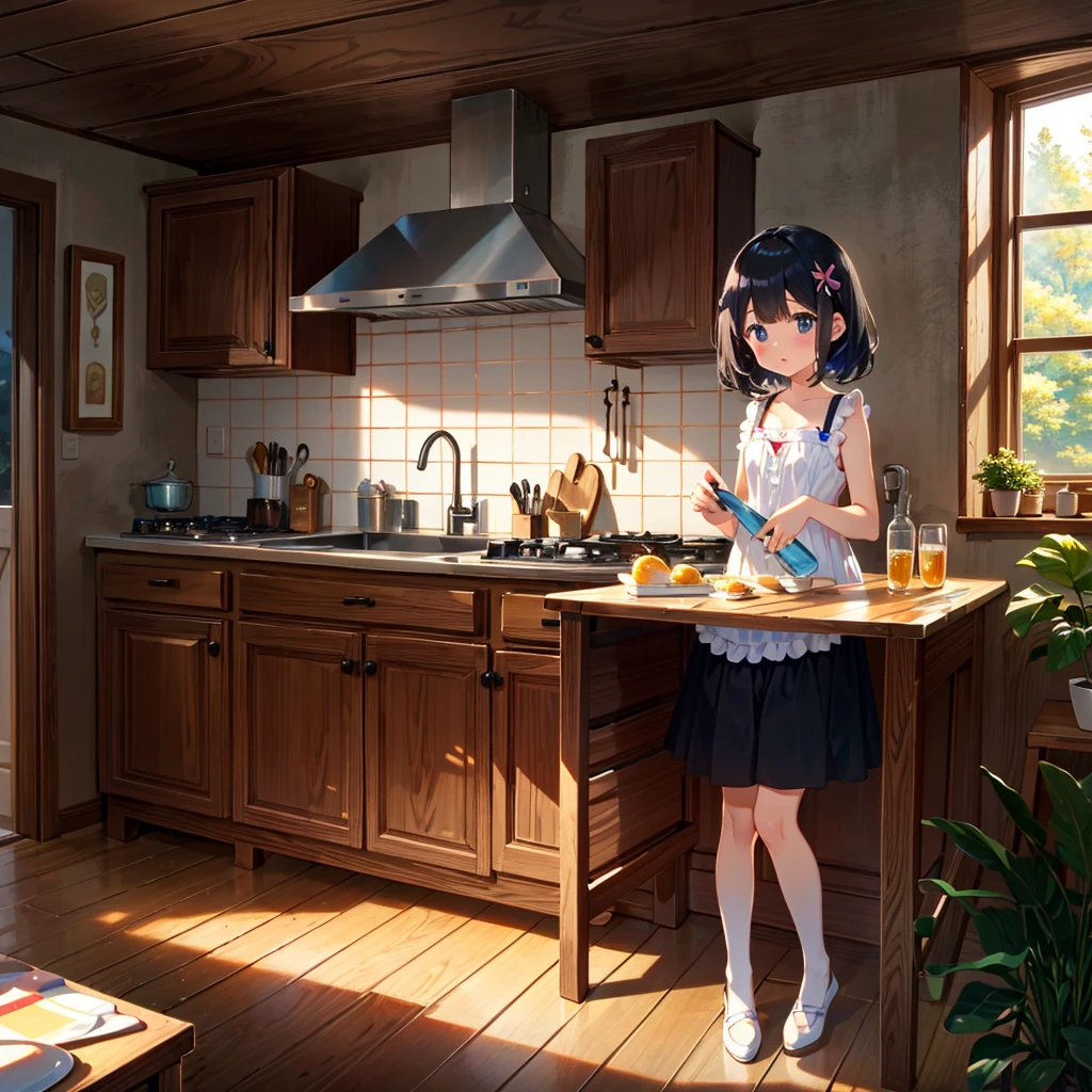 {{{Masterpiece, highest quality, high resolution background}}}, bright and beautiful atmosphere, 1 girl (7 years old, round face, baby face), small breasts, living room, kitchen, many dishes, with water A girl washing dishes, a mini pig that becomes a pedestal, "deltamon_sdXL :0.73)>Deltamon"