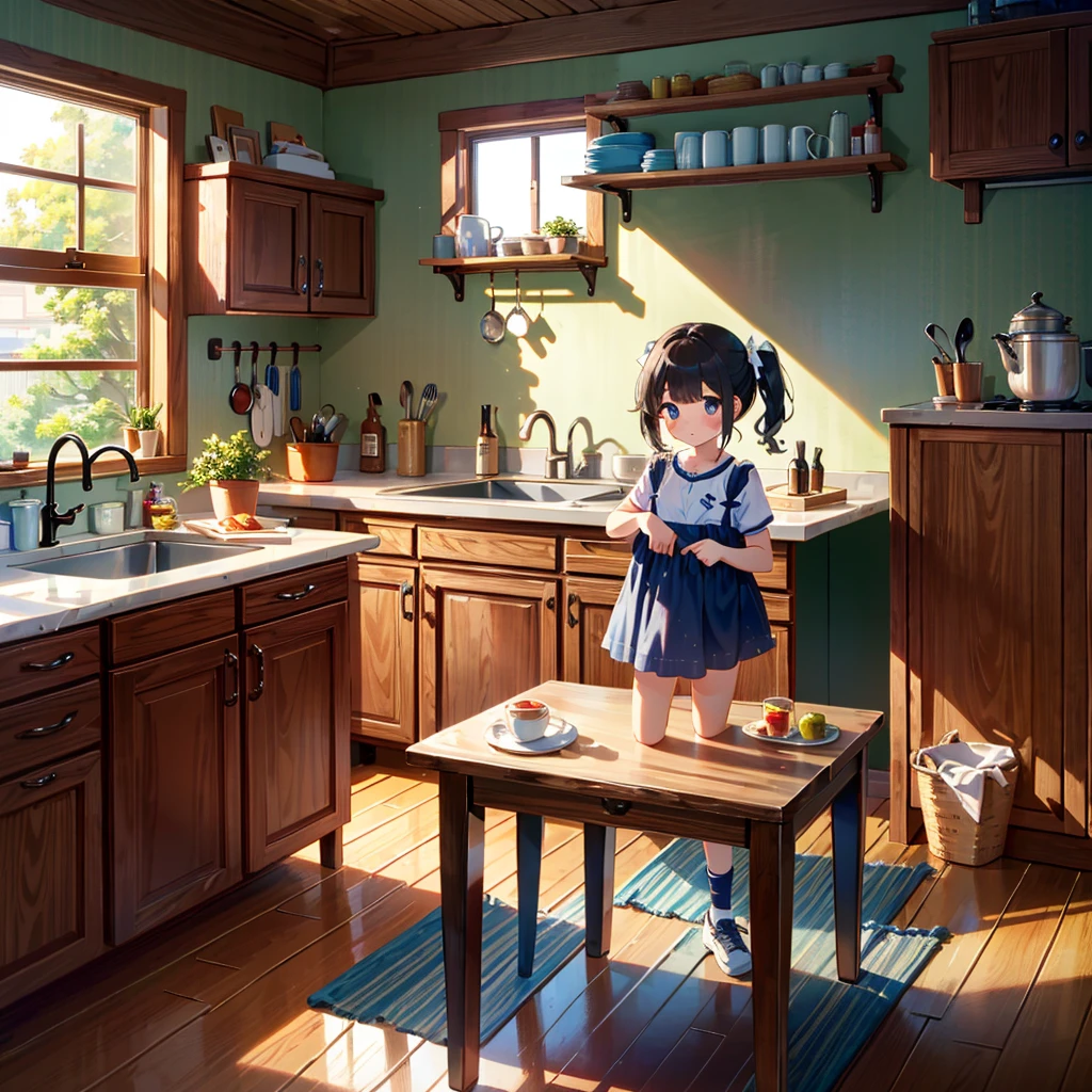 {{{Masterpiece, highest quality, high resolution background}}}, bright and beautiful atmosphere, 1 girl (7 years old, round face, baby face), small breasts, living room, kitchen, many dishes, with water A girl washing dishes, a mini pig that becomes a pedestal, "deltamon_sdXL :0.73)>Deltamon"