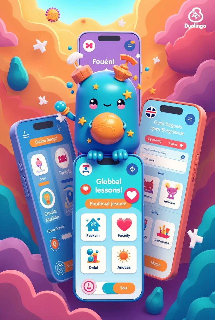 I want you to create the interface of a language application similar to Duolingo but with different colors and with its own logo.