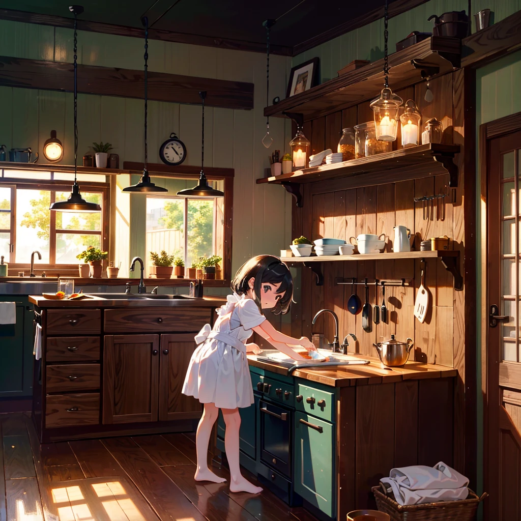 {{{Masterpiece, highest quality, high resolution background}}}, bright and beautiful atmosphere, 1 girl (7 years old, round face, baby face), small breasts, living room, kitchen, many dishes, with water A girl washing dishes, a mini pig that becomes a pedestal, "deltamon_sdXL :0.73)>Deltamon"