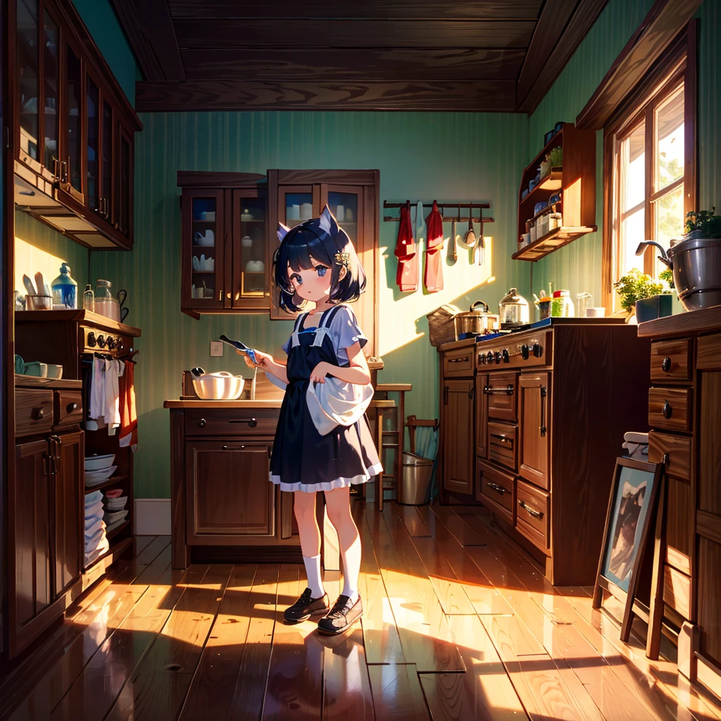 {{{Masterpiece, highest quality, high resolution background}}}, bright and beautiful atmosphere, 1 girl (7 years old, round face, baby face), small breasts, living room, kitchen, many dishes, with water A girl washing dishes, a mini pig that becomes a pedestal, "deltamon_sdXL :0.73)>Deltamon"