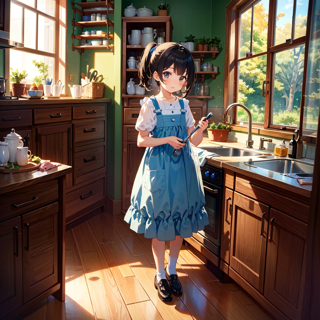{{{Masterpiece, highest quality, high resolution background}}}, bright and beautiful atmosphere, 1 girl (, round face, baby face), small breasts, living room, kitchen, many dishes, with water A girl washing dishes, a mini pig that becomes a pedestal, "deltamon_sdXL :0.73)>Deltamon"