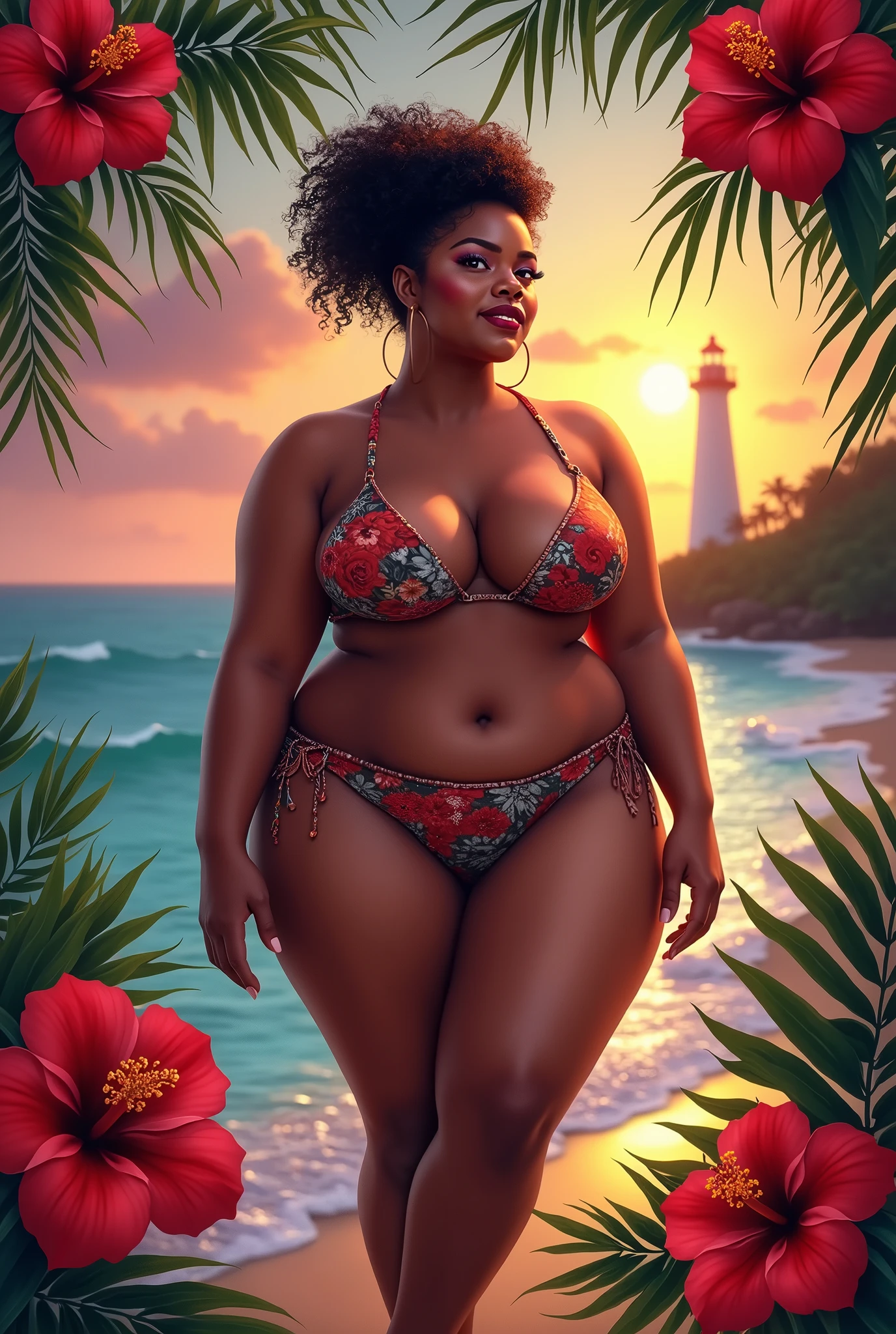 Create a woman with big breasts and big hips in a swimsuit , Papua New Guinean mum, Plus size woman, nsfw, wonderland background, semi-realism art, colorful sunset, beach and lighthouse backdrop, tropical hibiscus flowers in foreground, Curly hair, ((hair tied in bun)), chubby, fully nude, chocolate dark skin, huge XXL breasts, biggest , cleavage, black nipples, wide hips, huge ass, big booty, sexy legs, detailed face, full body view, head to toes, facing camera, HD Photo, Photorealistic, 2k Ultra HD