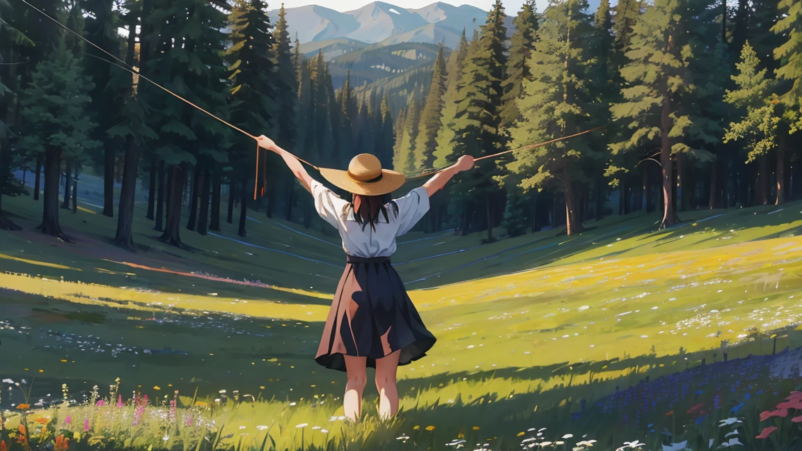 same person relaxing in a meadow, dropping the rope and feeling the freedom.
