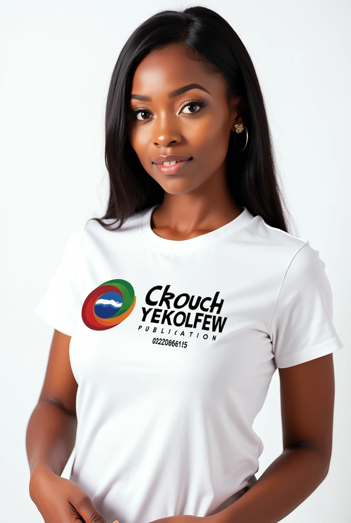 A beautiful Ethiopian woman wearing a large CROUCH YEKOLFEW Publication logo on a white t-shirt. Just below the logo is my phone number 0 9 2 2 0 8 6 1 0 5