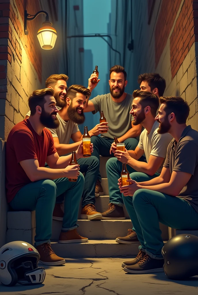 Make me an animated image of 7 male friends sitting on stairs drinking beers in an alley with a motorcycle helmet on the ground where some of them look drunk and 5 of them have short beards