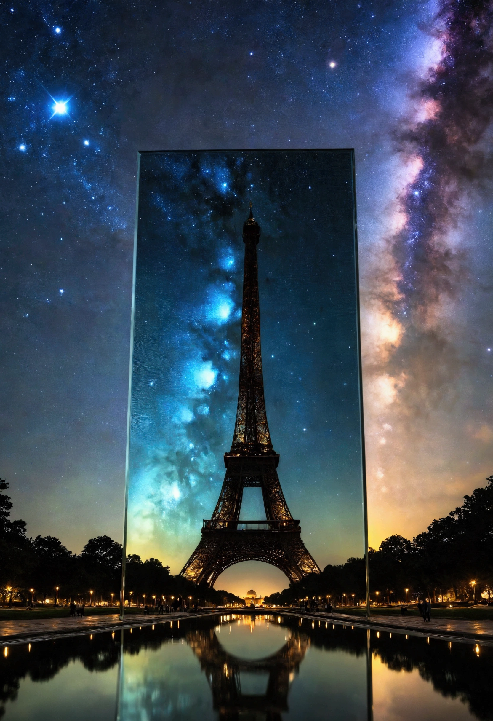 Capture an award-winning, ultra-realistic photograph of a beautiful monument build entirely by glass in the night. The beautiful monument build entirely by glass is flawless, creating a smooth, mirror surface that reflects the luminous stars in the clear night sky above. The composition should give the impression that the beautiful monument build entirely by glass is the continuation of starry night sky, as if the beautiful monument build entirely by glass also host the heavens. The clear, crisp air of the night enhances the serenity of the scene, with the soft glow of the stars casting a subtle, ethereal light on the glass surface. The reflection is so perfect that it blurs the line between the sky and the beautiful monument build entirely by glass , creating a surreal, dreamlike atmosphere. The overall image should evoke a sense of tranquility and wonder, capturing the beauty of both the the night sky and the reflection in a harmonious, breathtaking composition.