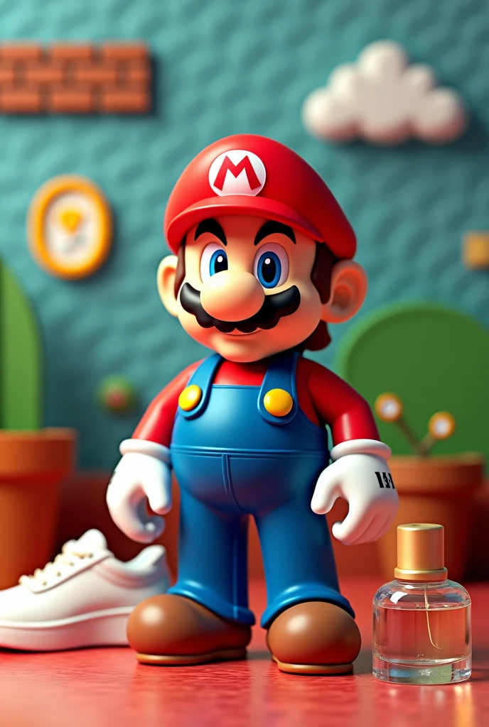 Mario bros logo and sneaker and perfume