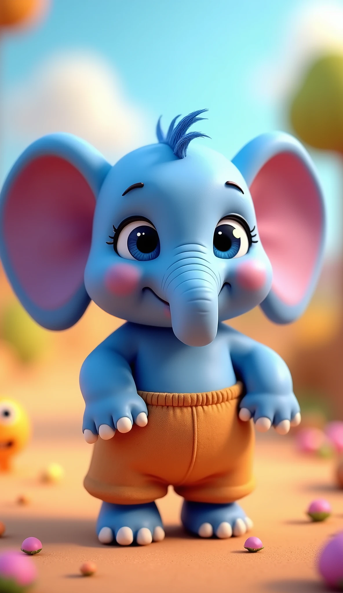 Perfect centering, Looking at the camera, a close up 2/3 of a cartoon blue elephant wearing a pants, 3 d animation demo reel, 3d animation, 3 d animation, 3 d animated movie, 3d animated, 3 d animated, tv commercial, clay animation, cgi animation, cute! c4d, cute 3 d render, pixar 3 d animation style, 4 k, 3 d cartoon
