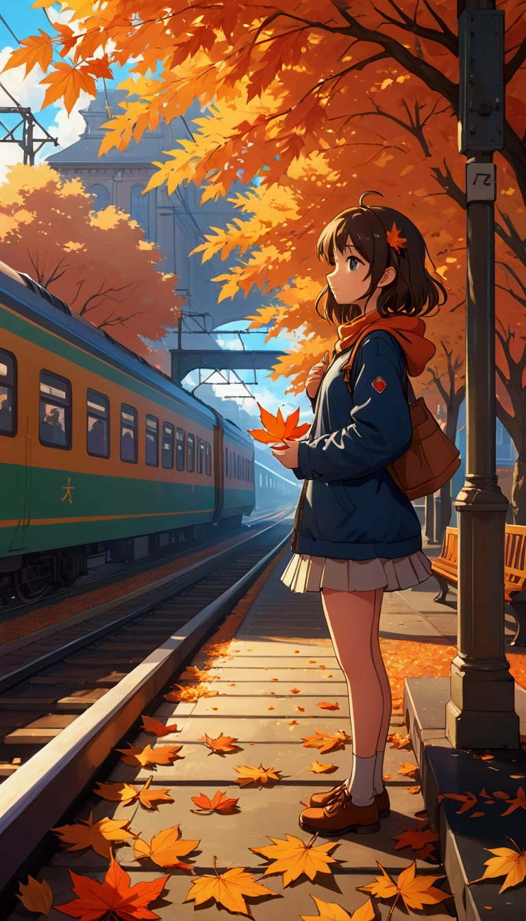 anime girl waiting for train at station with autumn leaves, 🍂 cute, anime vibes, beautiful anime scene, anime. soft lighting, 4k anime wallpaper, trains in the background, anime style. 8k, anime aesthetic, anime style 4 k, artwork in the style of guweiz, lone girl waiting for the train, anime picture, anime asthetic