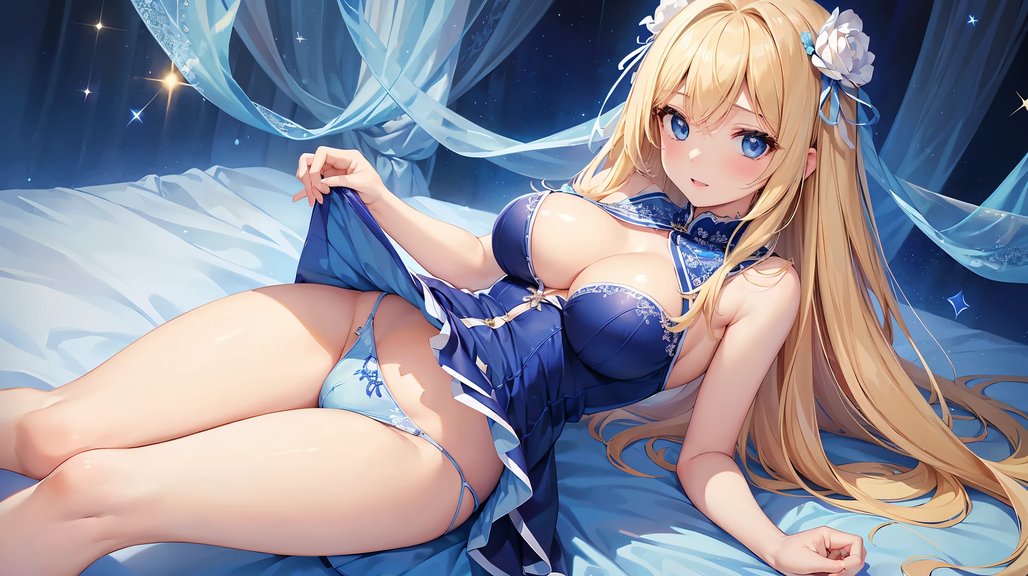 ((Highest quality、High resolution))、Beautiful woman、Perfect body、Beautiful and bountiful breasts、(tits)、long blond、bangs、Blue and white、Embellished blue sexy dress、skirt、(((Showing panties、I&#39;m tempting you、A woman opening her legs and inviting sex)))、Outdoor Scenery