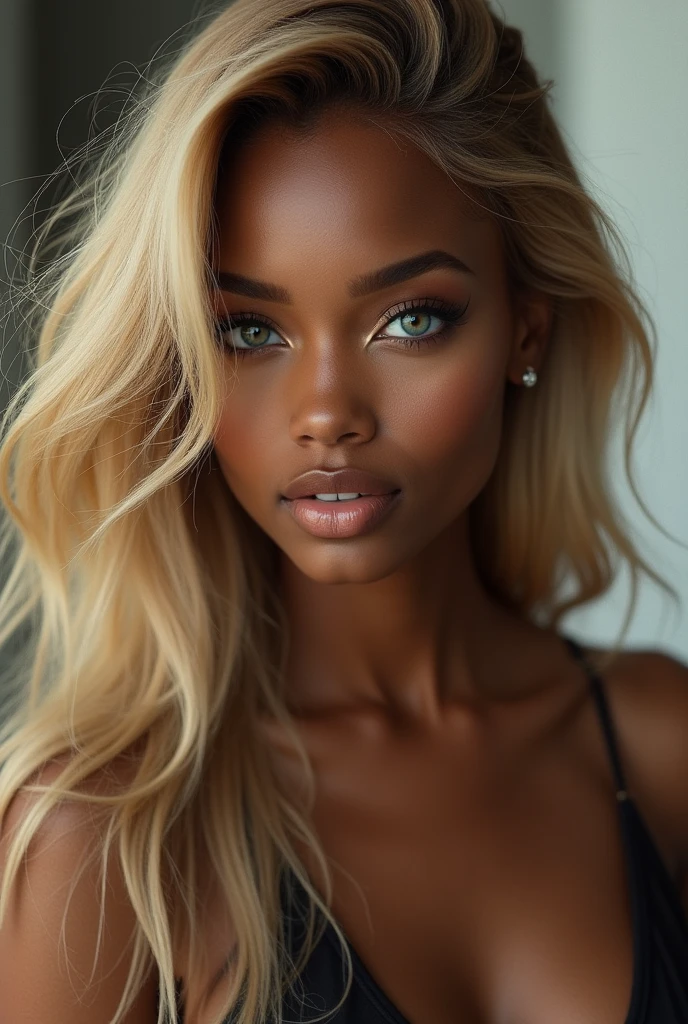 Black woman with blue eyes and blonde hair 
