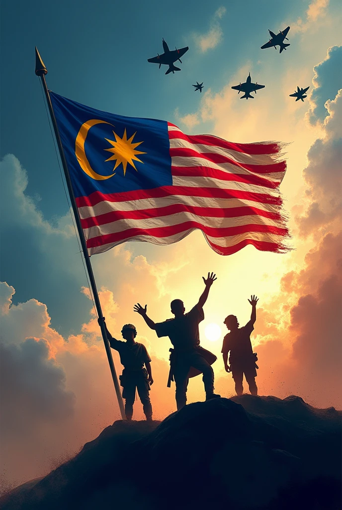 Independence theme poster "malaysia madani jiwa merdeka",atmosphere of war,flag of the glorious path, fighter jets,the color of the Malaysian flag
