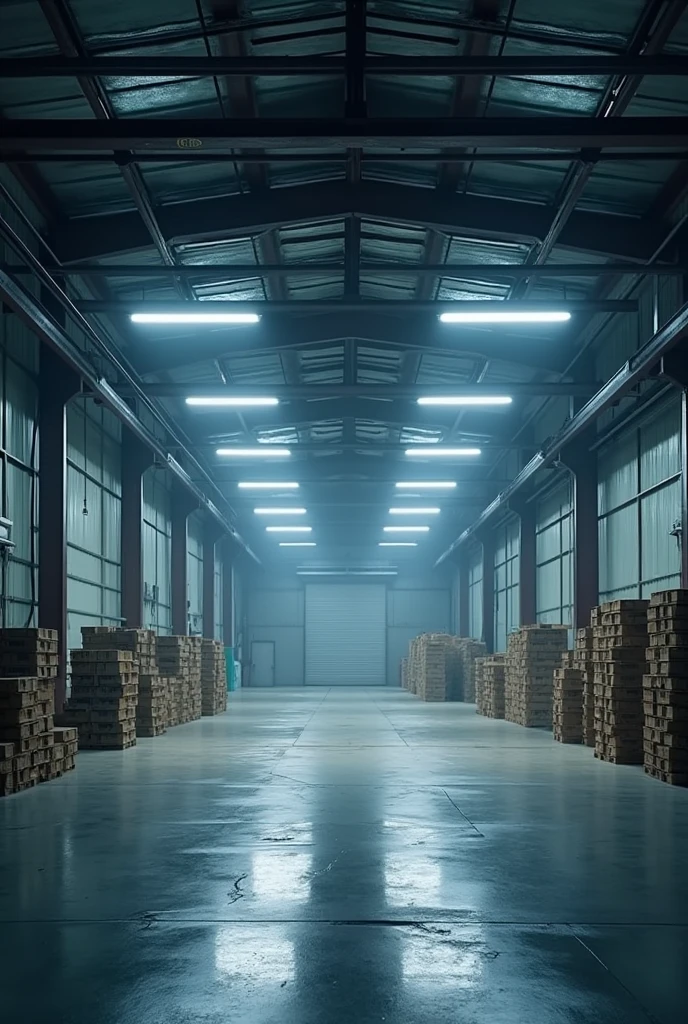 Create a realistic industrial shed, with plenty of white lighting, the lamps have a tube shape of 1,40 meters.