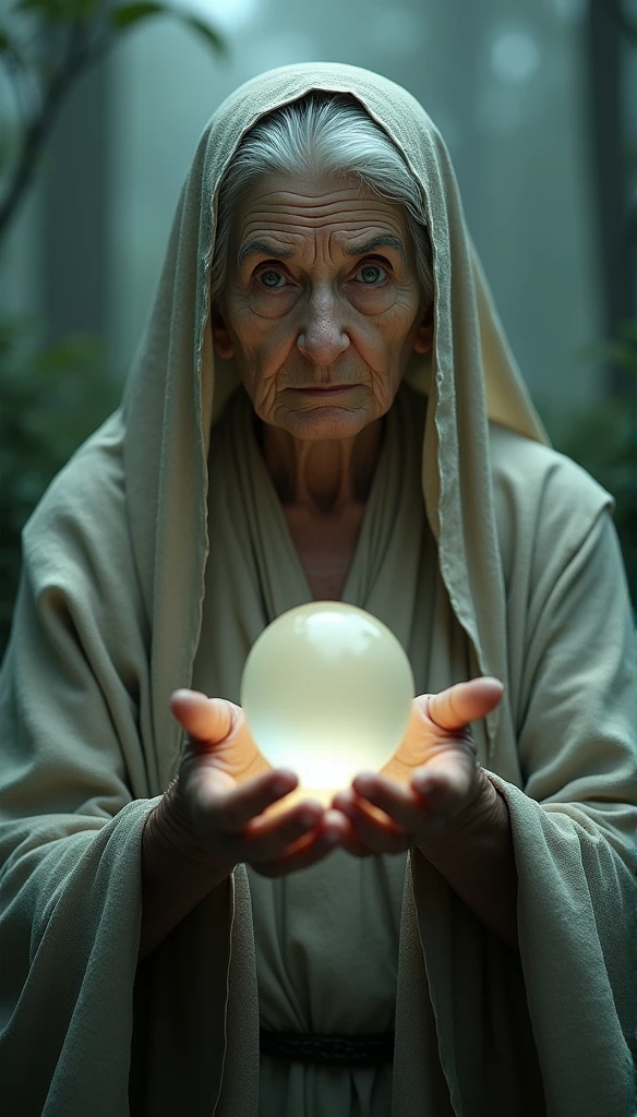 one old woman,Wearing a piece of cloth on the head,hold a crystal ball in the hand, Looking ahead