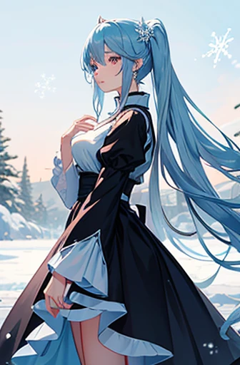 anime, woman, long hair, light blue hair, pink eyes, cool, earring, big girl, wearing a black dress, beautiful, elegant, pure, Fantasy, ice, snowflake, Snow Land,