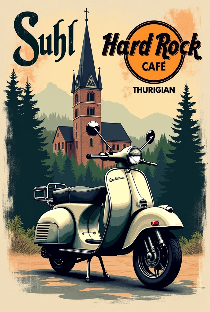 Create a Hard Rock Cafe T Shirt for the city of Suhl in the Thuringian Forest with the church in Suhl, some conifers and a Simson moped
