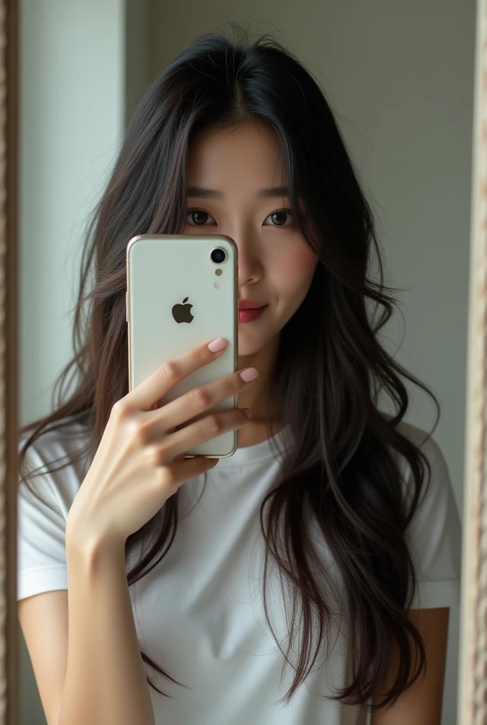Woman taking a selfie in the mirror、Long Hair,My face is almost completely hidden by my iPhone、Beautiful woman、whole body、Asian、Wearing a t-shirt、Clear background
