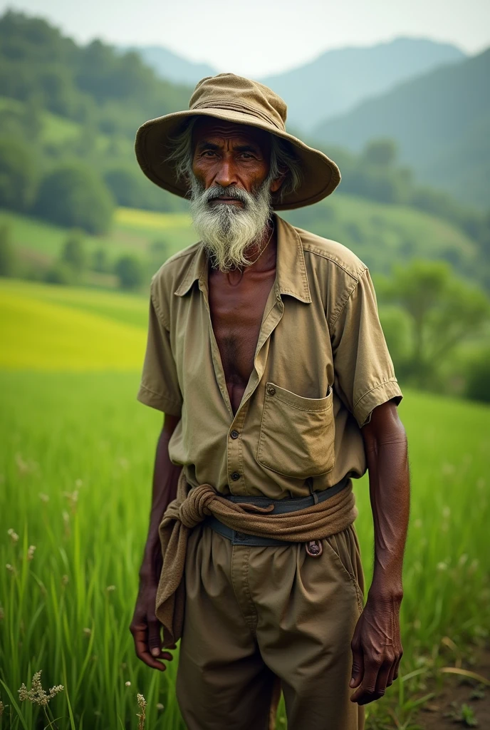 A old skinny indian farmer with a cloth hat
