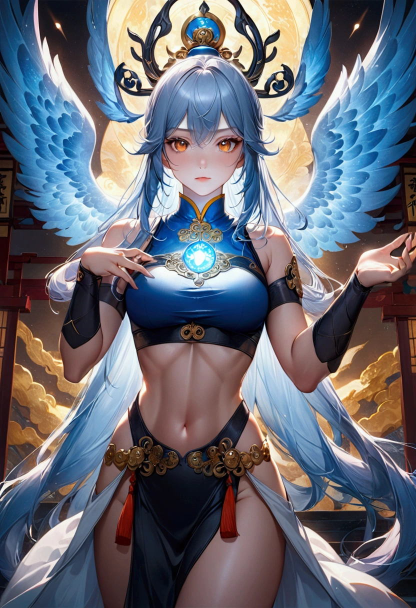 Anime girl with long straight icy blue hair,amber eyes, athletic body,taoist, realistic