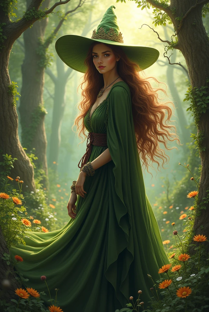 a nature witch with brown eyes and brown hair in the woods