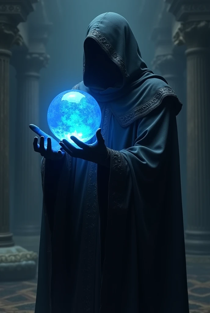 A mysterious man in a black cloak holding a blue crystal ball 
