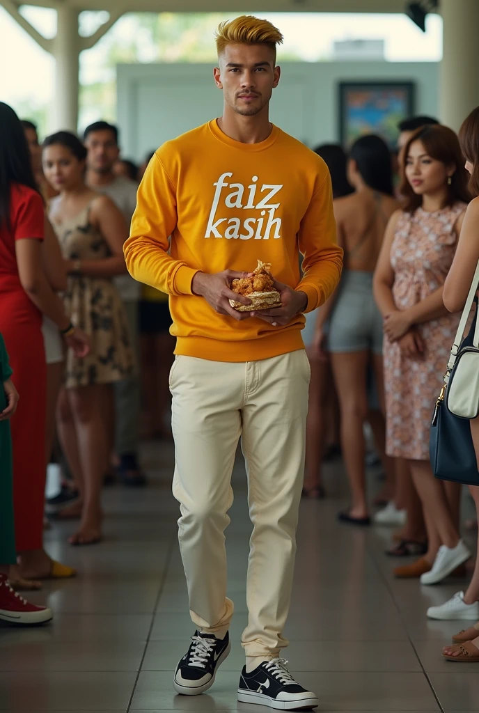 make me a hyper realistic photography HD 18K photo showing a handsome Indonesian man with yellow skin, yellow hair neatly parted on the side, a strong and muscular body, wearing a crewneck sweater that says "Faiz Kasih" in a complicated font style, cream chino pants and black and white Nike shoes. The man appeared to be standing relaxed while holding a Bangkok chicken. in the background there are many beautiful girls looking at the men around them.