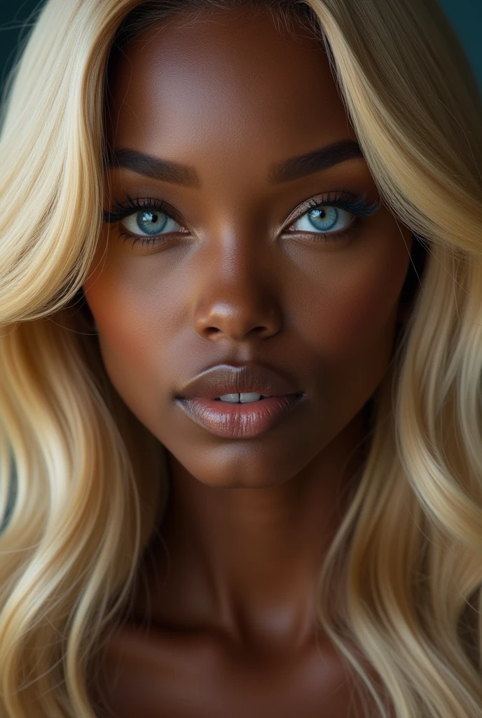 Black woman with blue eyes and blonde hair