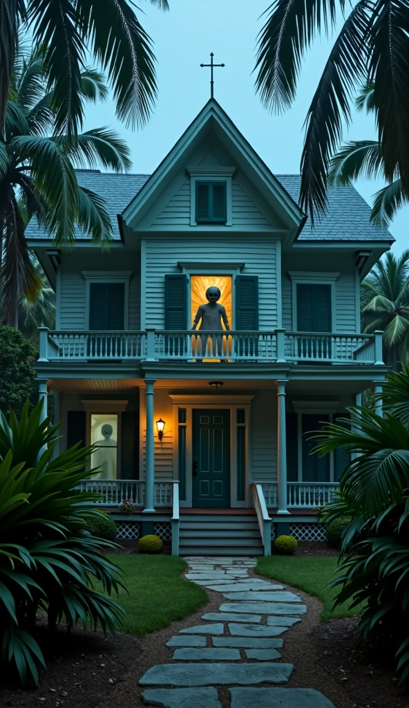 A wide view of the old Otto house in Key West, with the faint, ghostly figure of Robert the doll visible in one of the windows, surrounded by an eerie glow