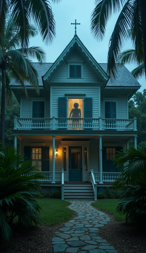 A wide view of the old Otto house in Key West, with the faint, ghostly figure of Robert the doll visible in one of the windows, surrounded by an eerie glow