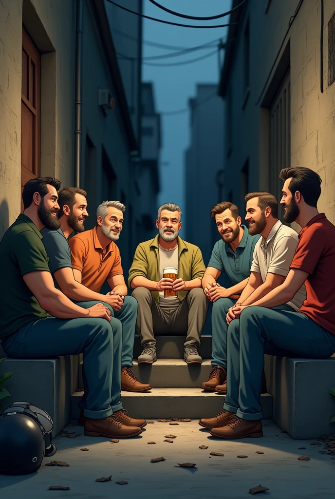Make me an animated image of 7 male friends sitting on stairs drinking beers in an alley with two motorcycle helmets on the ground where some of them look drunk and 5 of them have short beards
